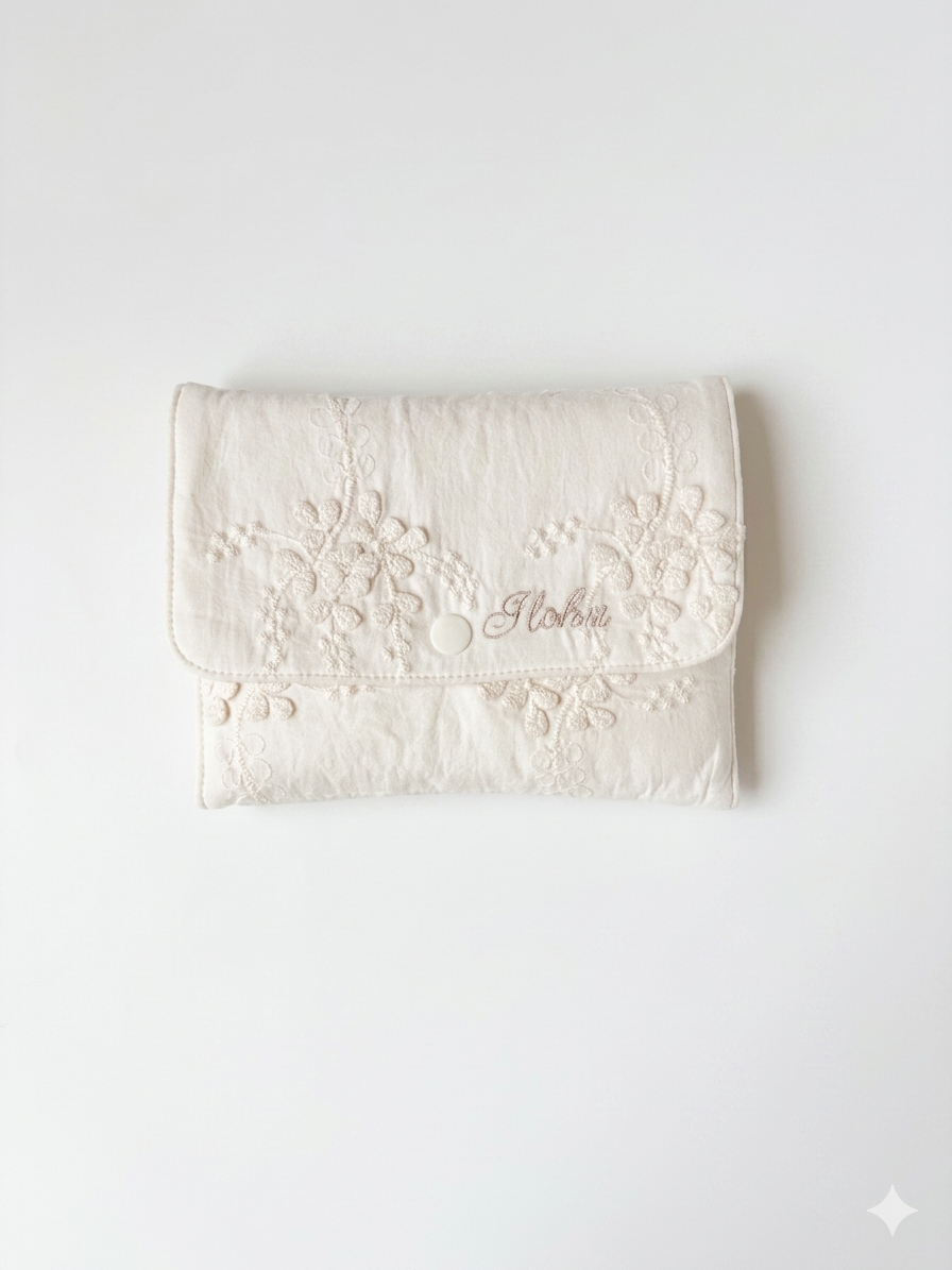 名入れ お花刺繍 母子手帳ケース アイボリー
